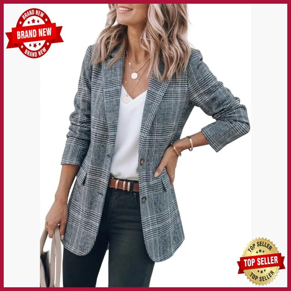 Tweed Blazer Plaid Houndstooth Work Jacket Business Casual Suit
